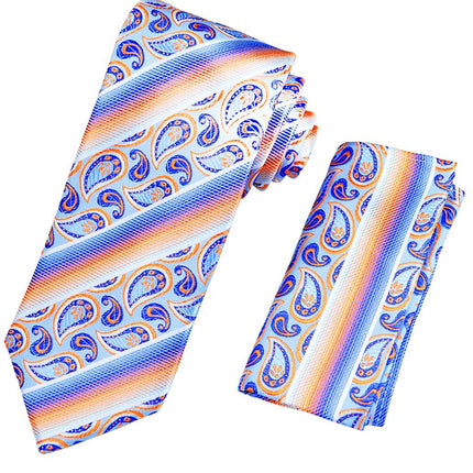 Blue and Orange Striped Silk Tie and Pocket Square Paul Malone Ties - Paul Malone.com