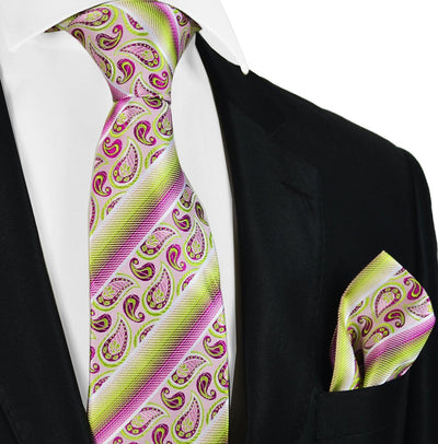 Pink and Lime Green Striped Silk Tie and Pocket Square Paul Malone Ties - Paul Malone.com