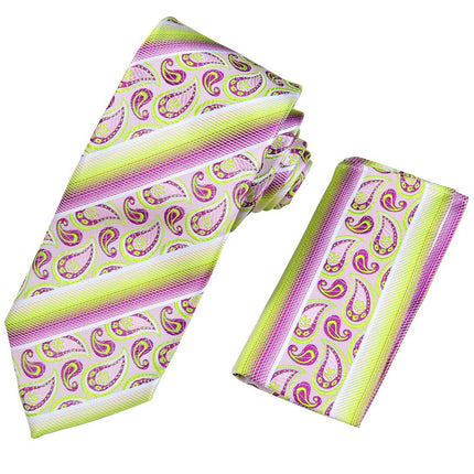 Pink and Lime Green Striped Silk Tie and Pocket Square Paul Malone Ties - Paul Malone.com