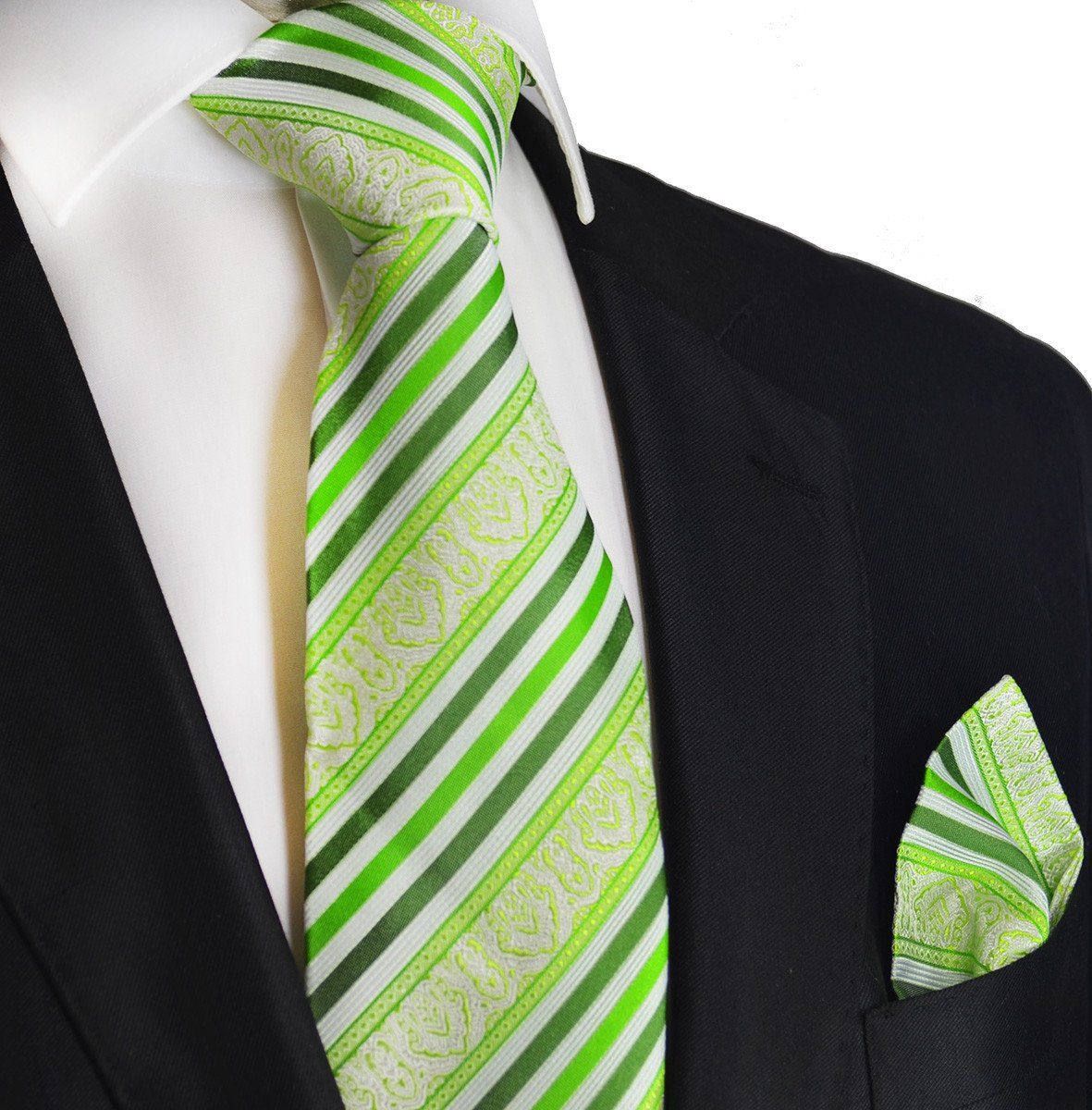 Green Striped Silk Tie and Pocket Square, Extra Long Tie (63In. x 3.25In) / Green