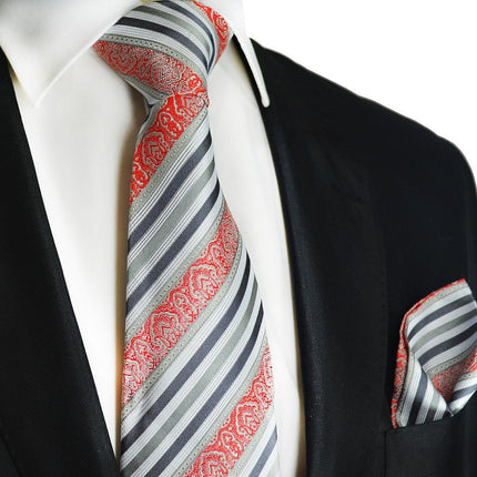 Gray and Red Striped Silk Tie and Pocket Square Paul Malone Ties - Paul Malone.com
