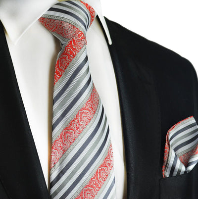 Gray and Red Striped Silk Tie and Pocket Square Paul Malone Ties - Paul Malone.com