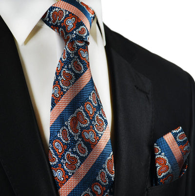 Blue and Orange Silk Tie and Pocket Square Paul Malone Ties - Paul Malone.com