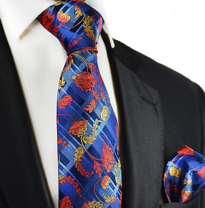 Red on Blue Silk Tie and Pocket Square Paul Malone Ties - Paul Malone.com