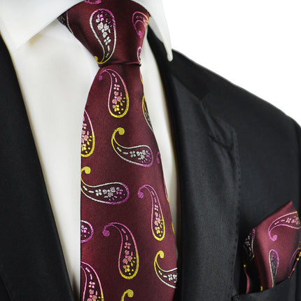 Burgundy Paisley Silk Tie and Pocket Square Paul Malone Ties - Paul Malone.com