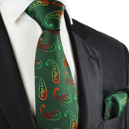 Hunter Green Paisley Silk Tie and Pocket Square Paul Malone Ties - Paul Malone.com