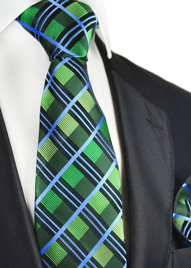 Green and Blue Plaid Silk Tie and Pocket Square Paul Malone Ties - Paul Malone.com