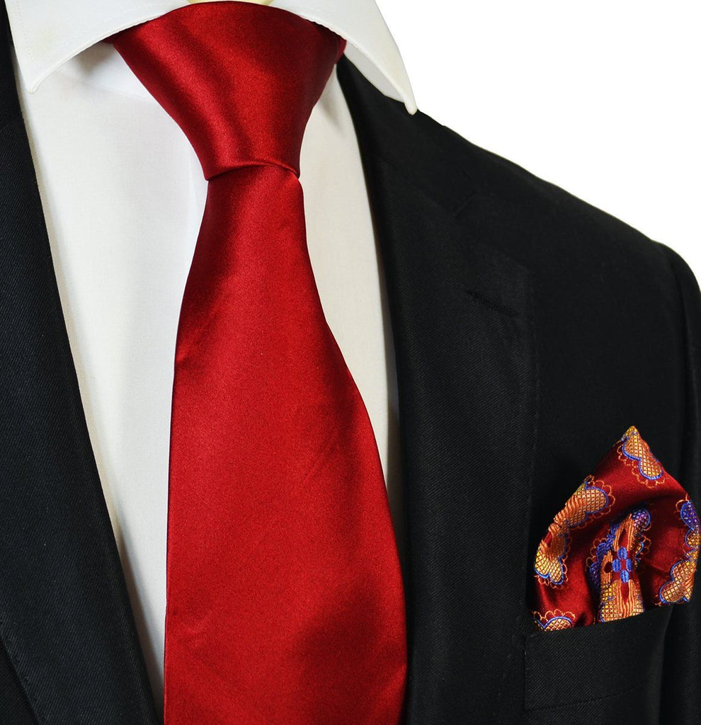 Solid True Red Big Knot Silk Tie with Reversible Pocket Square