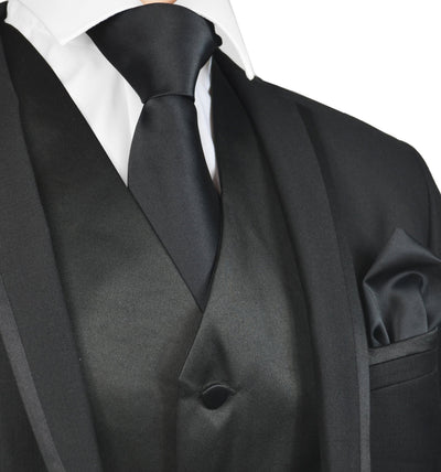 Solid Black Mens Tuxedo Vest, Tie and Trim Pocket Square Vest Set Vest - Paul Malone.com
