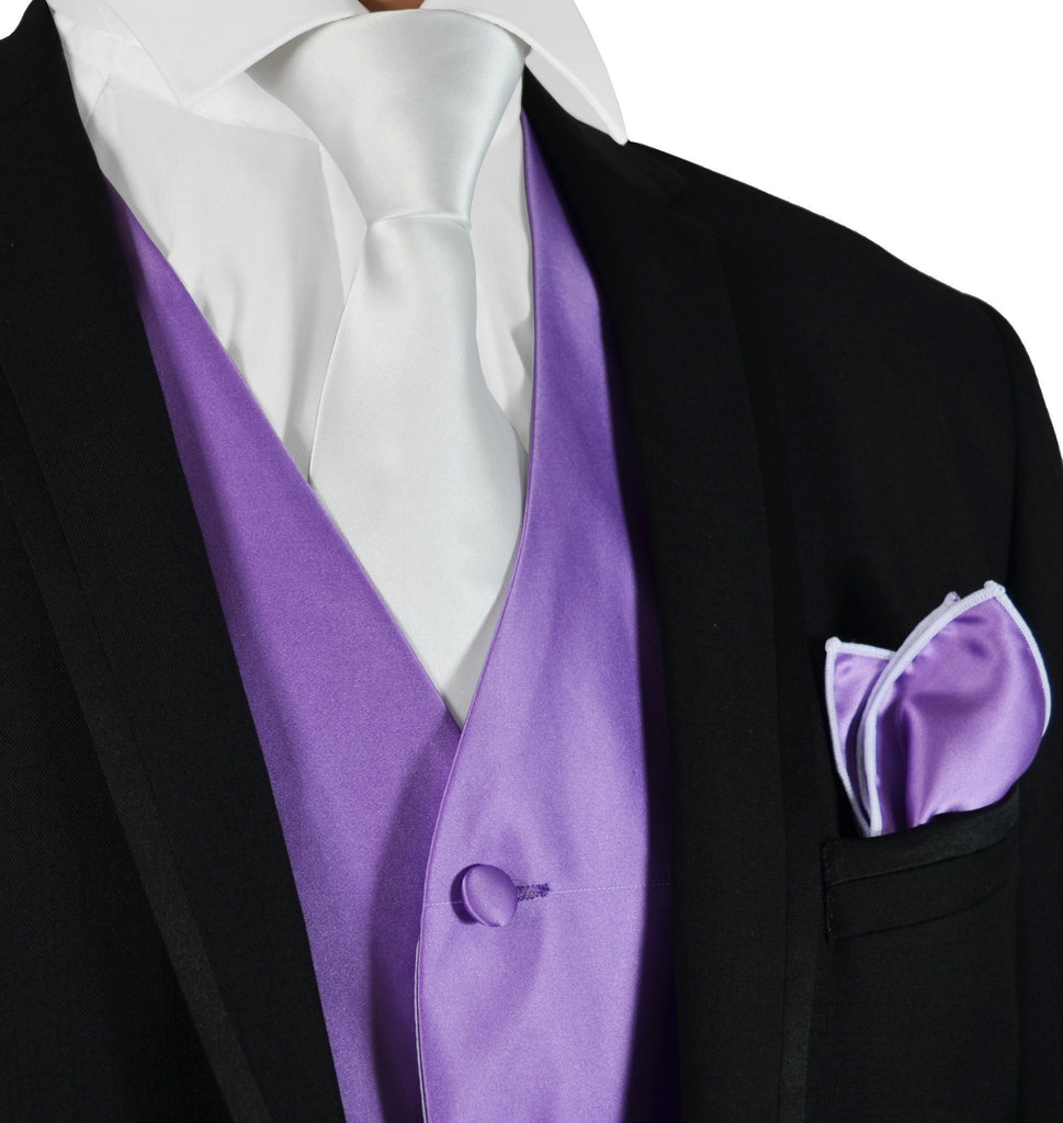 Solid Purple Mens Tuxedo Vest, Tie and Trim Pocket Square | Paul