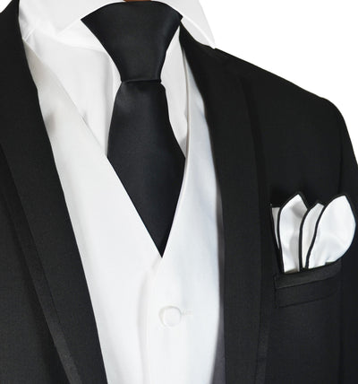 Solid White Mens Tuxedo Vest, Tie and Trim Pocket Square Vest Set Vest - Paul Malone.com