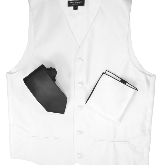 Solid White Mens Tuxedo Vest, Tie and Trim Pocket Square Paul Malone Vest - Paul Malone.com