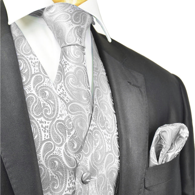 Formal Light Grey Paisley Tuxedo Vest Set Vittorio Farina Vest - Paul Malone.com