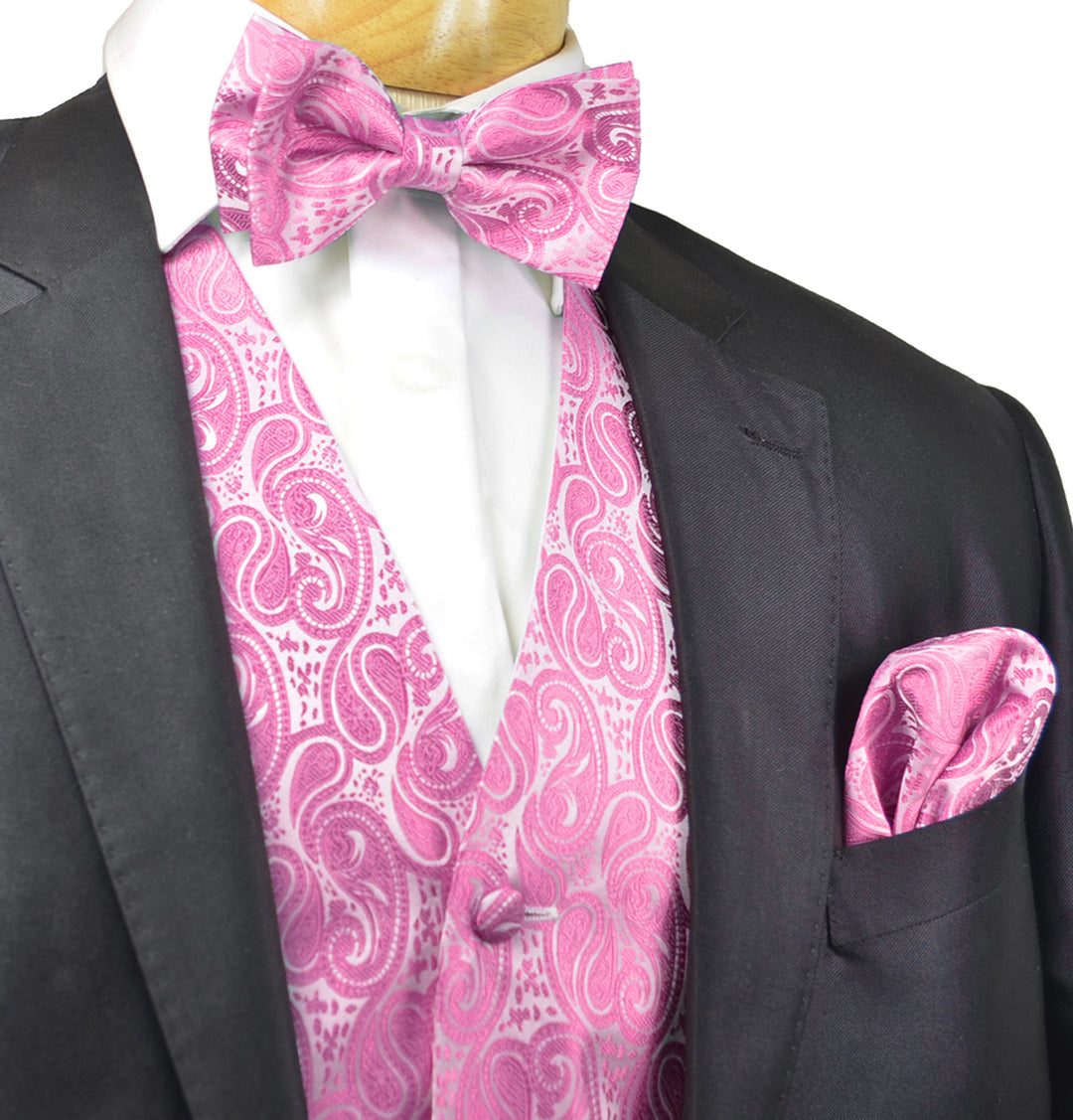 Rose Petal Paisley Satin Tuxedo Vest with Bow Tie or Long Tie and Pocket authentic Square