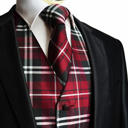 Men's Burgundy Plaid Suit Vest Set Vesuvio Napoli Vest - Paul Malone.com