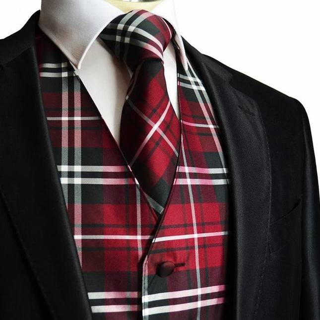 Men's Burgundy Plaid Suit Vest Set Vesuvio Napoli Vest - Paul Malone.com