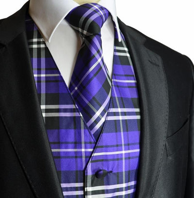 Purple and Black Plaid Suit Vest Set Vesuvio Napoli Vest - Paul Malone.com