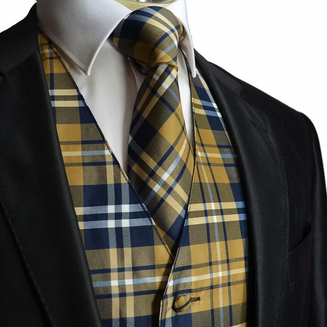 Tan and Navy Plaid Suit Vest Set Vesuvio Napoli Vest - Paul Malone.com