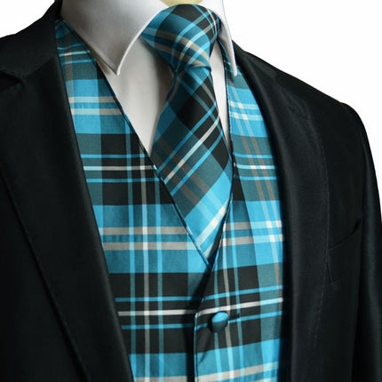 Turquoise and Black Plaid Suit Vest Set Vesuvio Napoli Vest - Paul Malone.com