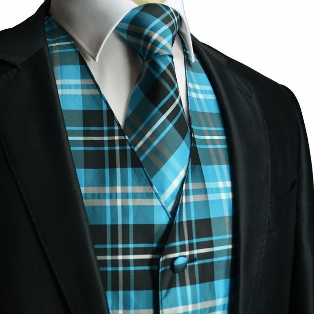 Turquoise and Black Plaid Suit Vest Set Vesuvio Napoli Vest - Paul Malone.com
