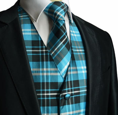 Turquoise and Black Plaid Suit Vest Set Vesuvio Napoli Vest - Paul Malone.com
