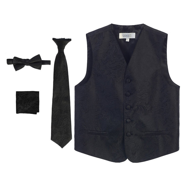 Black Formal Boys Paisley Tuxedo Vest Set Gioberti Vest - Paul Malone.com