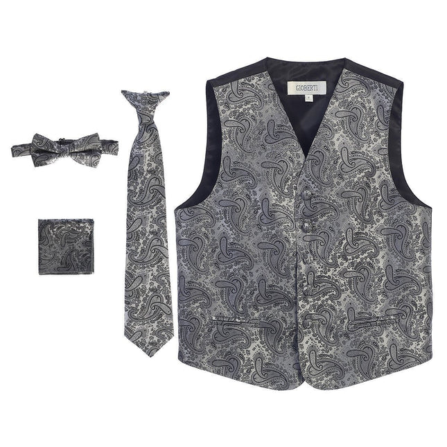 Grey Formal Boys Paisley Tuxedo Vest Set Gioberti Vest - Paul Malone.com