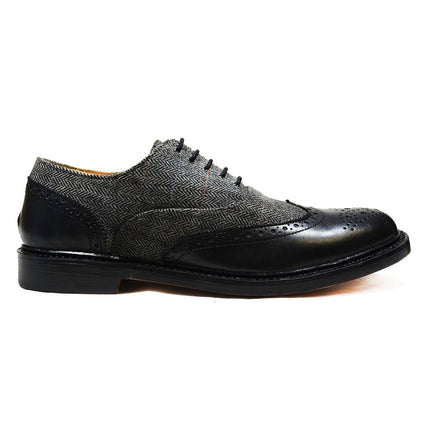 VERONA Black Leather and Textile Full Brogue Oxfords Paul Malone Shoes - Paul Malone.com