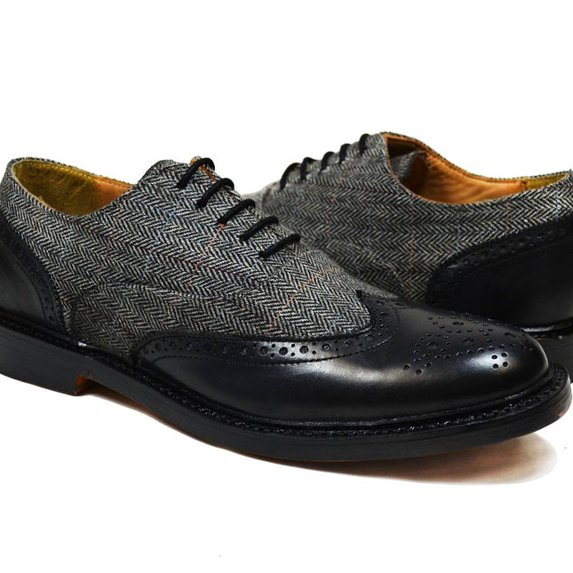 VERONA Black Leather and Textile Full Brogue Oxfords Paul Malone Shoes - Paul Malone.com