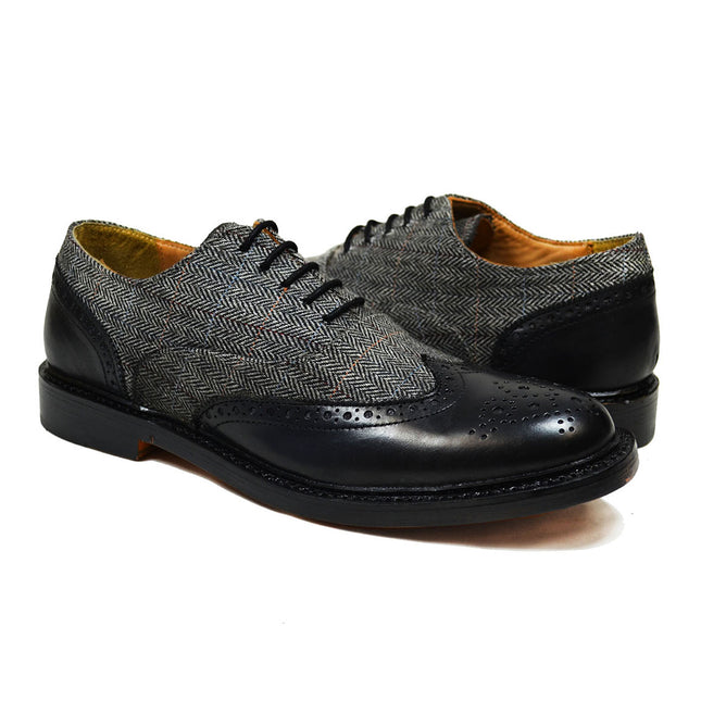 VERONA Black Leather and Textile Full Brogue Oxfords Paul Malone Shoes - Paul Malone.com