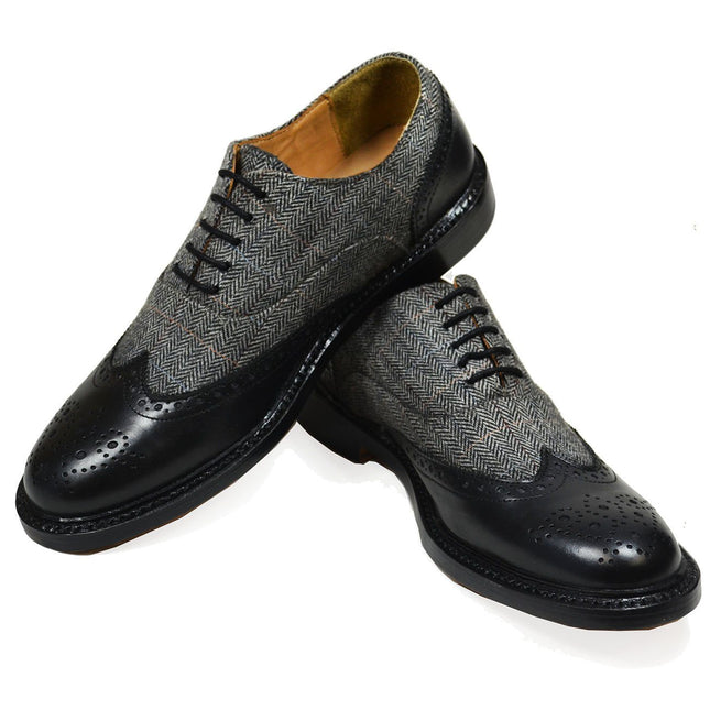 VERONA Black Leather and Textile Full Brogue Oxfords Paul Malone Shoes - Paul Malone.com