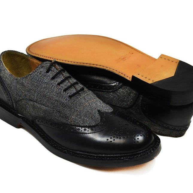 VERONA Black Leather and Textile Full Brogue Oxfords Paul Malone Shoes - Paul Malone.com