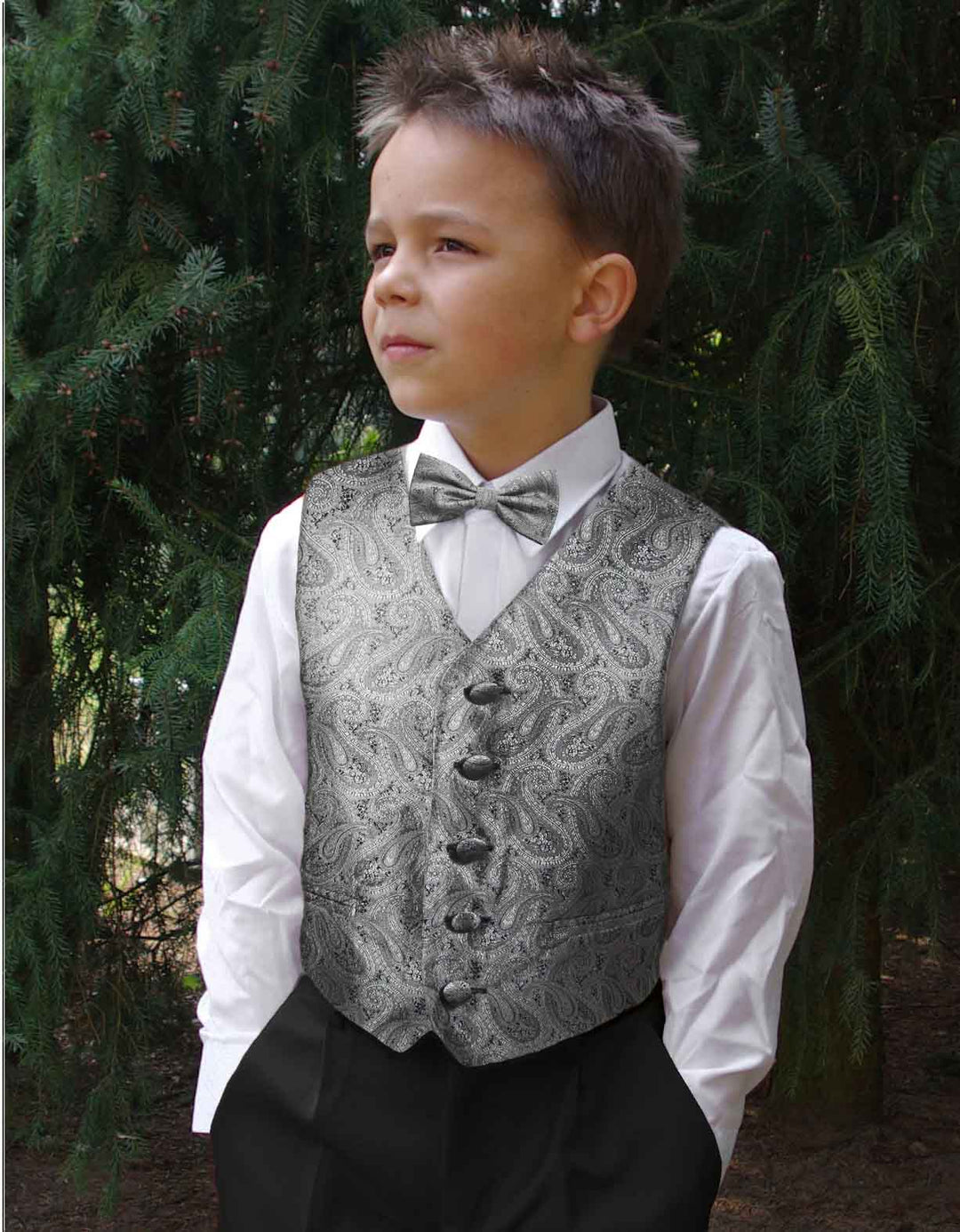 Shades of Gray Paisley Tuxedo 2024 Vest, Bow Tie, and Matching Hanky